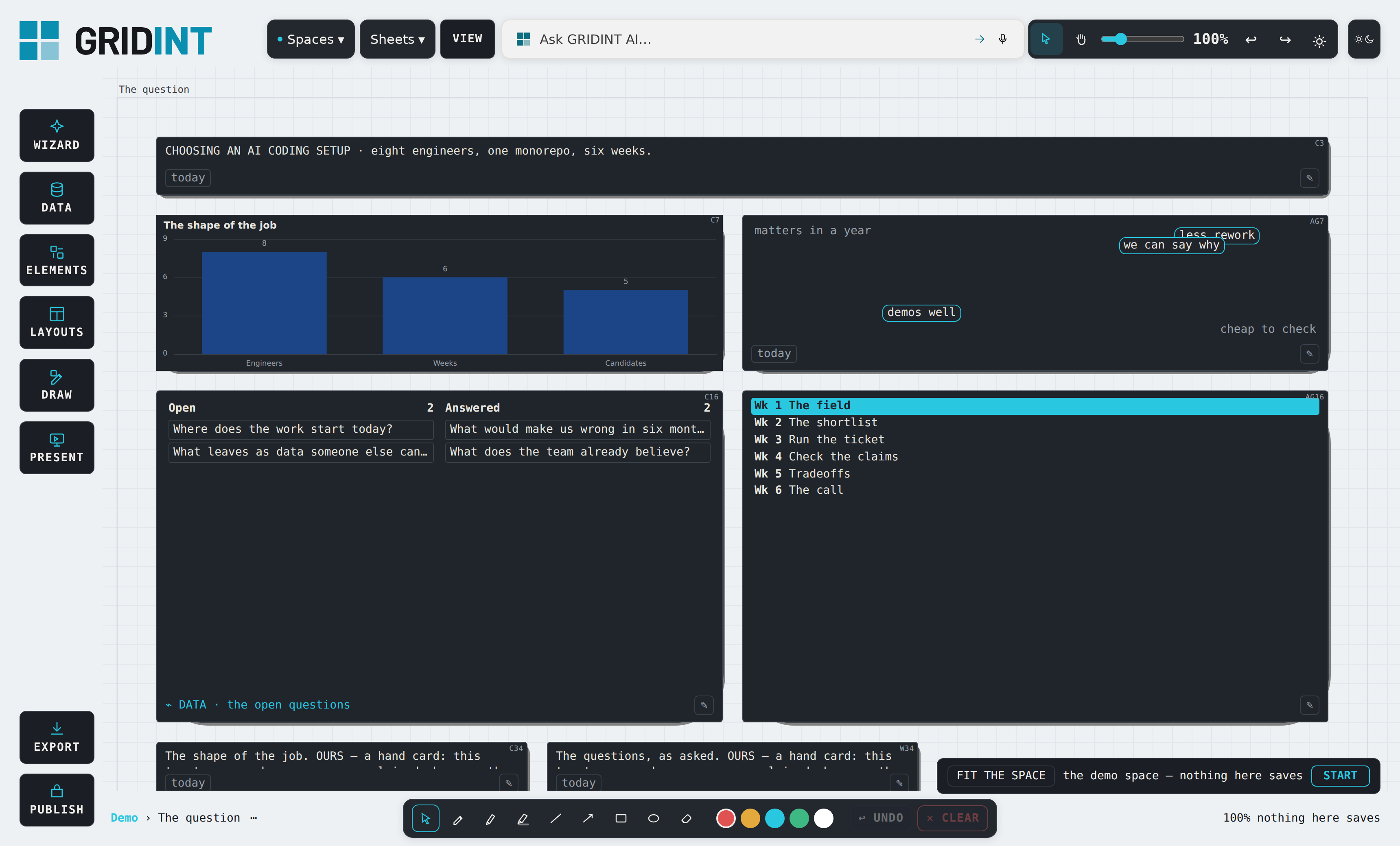 The board your browser runs — the demo's first sheet in the light shell: dark card faces on a light ground, each at its address